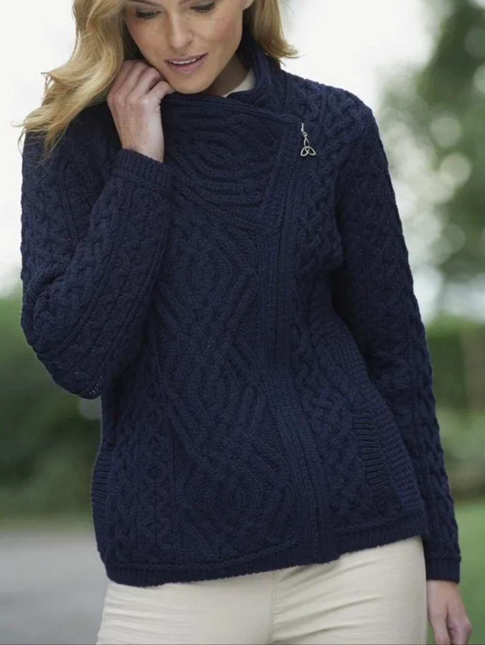 Aran Crafts Navy Cable-Knit Asymmetrical Zip Cardigan